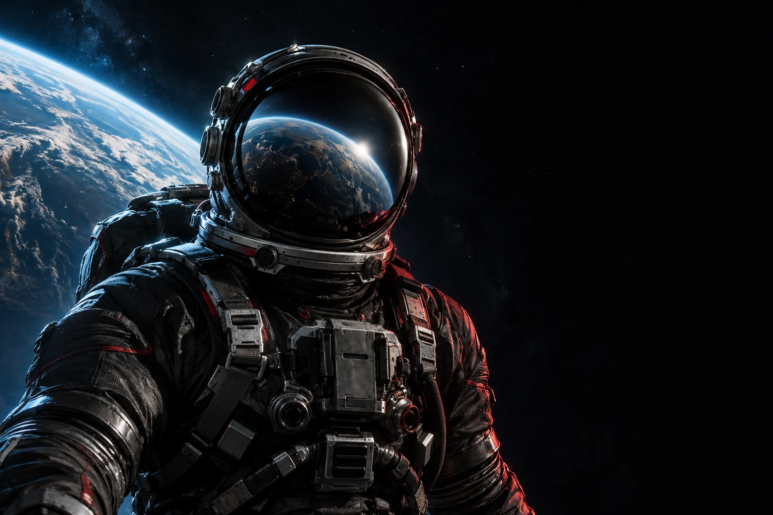 Photorealistic astronaut in a graphite spacesuit with crimson details and Earth reflected in the visor